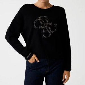 Maglione nero con logo e borchie Guess