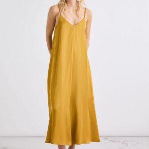 Slip dress in gabardina di misto lino cognac Marella