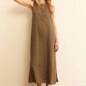 Abito dritto in tela di lino tortora Emme