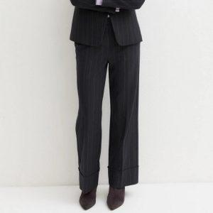 Pantalone dritto in gabardina stretch gessato blu Emme